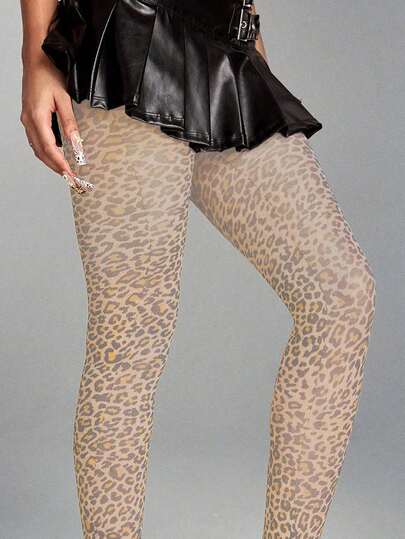 Grunge Punk 1 Paio Di Collant Leopardati Di Colore Chiaro, Leggings Retrò Con Stampa Animalier Stile Y2K, Calze Di Moda