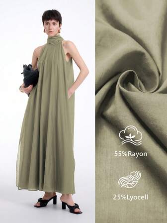 Aalyst Vestido largo casual sin mangas de unicolor con bolsillos para mujer, primavera/verano