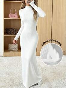 SHEIN EZwear 女款秋季白色聖誕優雅日常天鵝絨高領長袖羅紋修身保暖時尚休閒長洋裝 - 白色 - 查看 3