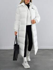 SHEIN Cottnline 连帽保暖长款棉服 - 白色 - 查看 1