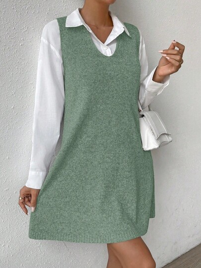 EMERY ROSE Women's Casual Solid Color V-Neck Sweater Dress, Autumn