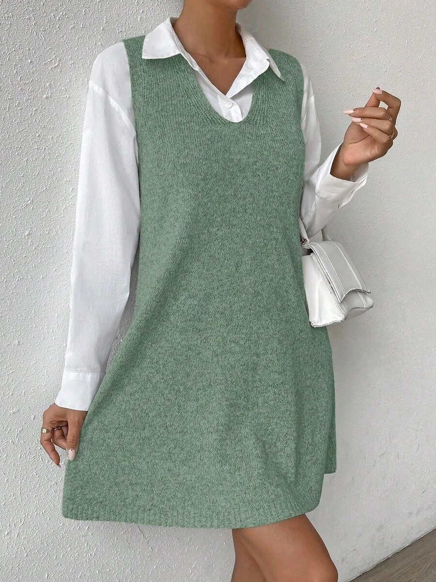 SHEIN LUNE 女式休闲纯色V领毛衣裙，秋季 - 橄欖綠 - 查看 1