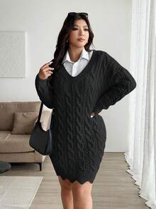 Vionelle Gaun Sweater Lengan Panjang Motif Rajut Kabel Bergelombang dengan Leher V dan Tali Serut Ukuran Plus, Warna Polos, Kasual & Modis untuk Musim Gugur/Dingin - Hitam - View 5
