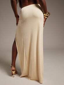 Hauture Sexy High Slit Maxi Skirt – Slinky Jersey Fold Over Skirt For Night Out, Party & Going Out - Apricot - View 3
