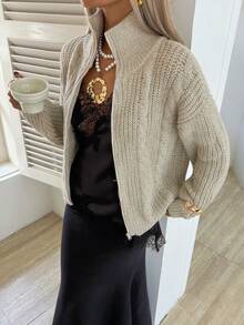 Livesso Áo khoác cardigan dệt kim cổ tròn dáng rộng thoải mái cho nữ, màu trơn đơn giản, phù hợp mặc công sở, mùa thu/đông - Rượu sâm banh - Xem 2