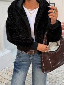 DAZY 女士蓬松连帽短款收腰休闲外套 Y2k 女式外套 - 黑色 - 查看 4