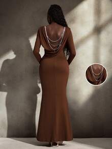 Cheriluna Maternity Solid Color Backless Pearl Decor Maxi Mermaid Hem Long Sleeve Tight Maternity Photoshoot Dress