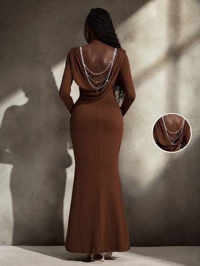 Cheriluna Maternity Solid Color Backless Pearl Decor Maxi Mermaid Hem Long Sleeve Tight Maternity Photoshoot Dress