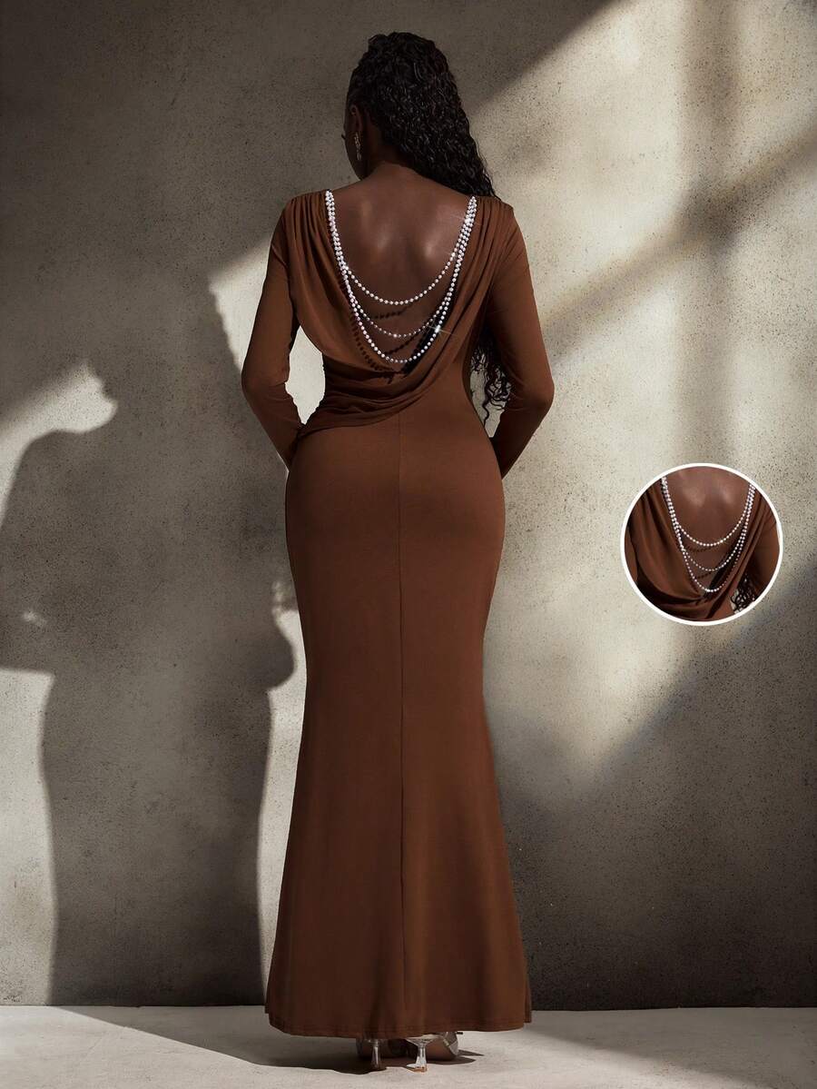 Cheriluna Maternity Solid Color Backless Pearl Decor Maxi Mermaid Hem Long Sleeve Tight Maternity Photoshoot Dress