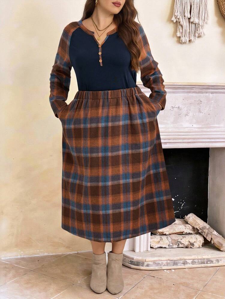 Plus Size Casual Long Sleeve Top And Plaid Skirt 2 Pieces Set Two Piece Set Women Comfy Sweater Sets For Women, Autumn/Winter,2025 New