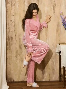 Côtesoire French Elegant Lace Patchwork Velvet Charm Women Pajama Set, Autumn/Winter Lace Pajama Set Lace Pj Set Pink Pajama Set Lace Sleepwear Velvet Pajama Set, Fall Clothes - Dusty Pink - View 5