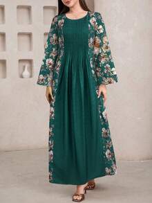 Al Najma 女式印花纯色拼布圆领长袖连衣裙 - 墨綠色 - 查看 4