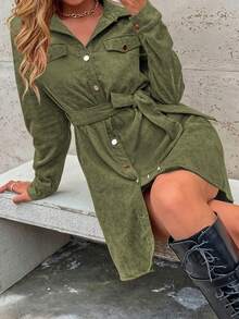 SHEIN LUNE 女式纯色单排扣休闲长袖衬衫裙 - 軍綠色 - 查看 5