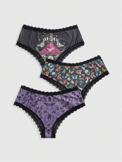 ROMWE Goth Set de 3 bragas de bikini de talla grande para mujer con encaje de contraste y estampado de mariposa