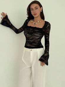 Aloruh Women's Autumn Clothing Floral Lace Square Neck Long Sleeves Trumpet Sleeves Elegant T-Shirt, Suitable For Autumn And Winter Wear Date Out - Black - View 7