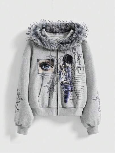 ROMWE Avant Sweat-shirt à capuche slim fit pour femmes avec imprimé mécanique de jeune fille avant-gardiste de la sous-culture Y3K