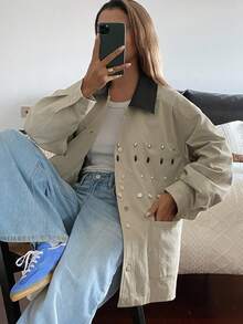 Livesso Chaqueta acolchada para mujer con decoraciones de strass, lentejuelas, cuentas y hebilla de metal, estilo casual suelto para la calle en otoño e invierno