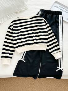 Genkimix Kids Conjunto de 2 piezas de niña preadolescente con sudadera de cuello redondo casual con rayas y decoración de lazo + pantalones rectos casuales con decoración de cinta - Negro - Ver 2