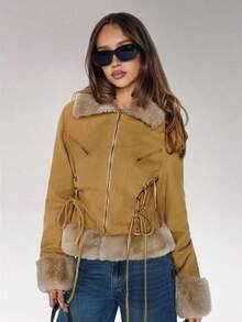 SHEIN ICON Cappotto slim fit in stile bohémien sexy ed elegante da donna per l'autunno e l'inverno, in stile Y2K e millennials, moda individualista, audace e d'avanguardia, con patch in pelliccia sintetica sui lati - Cachi - Visualizzare 4
