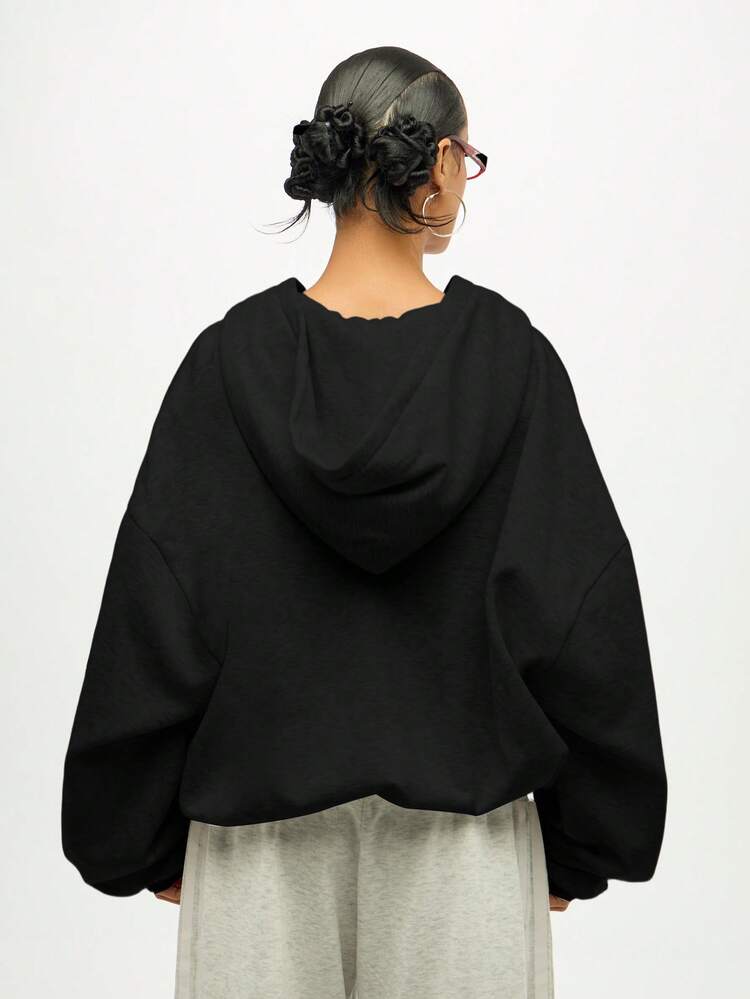 SUMWON Oversized Zip Up Hoodie With Bold Letter Print And Hood For Casual Streetwear Style