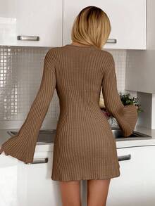 EURMUSE MINI WOOL DRESS WITH BELL-Mocha Brown SLEEVE, Petite Women Thanksgiving Brunch Autumn Casual Elegant - Camel - View 2