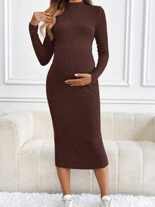 SHEIN 女式纯色简约高领长袖休闲连衣裙 - 棕色 - 查看 3