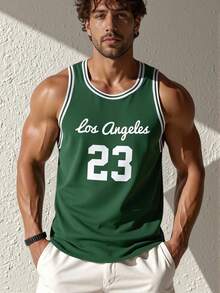 Men's Letter & Numeric Striped Print Crew Neck Casual Tank Top