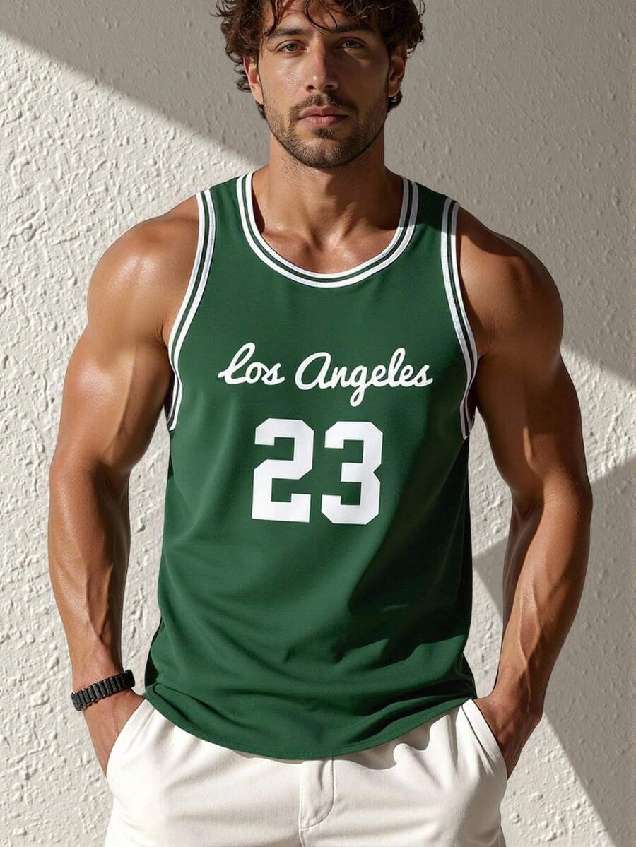 Men's Letter & Numeric Striped Print Crew Neck Casual Tank Top