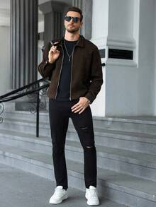 Manfinity CasualCool Men's Solid Color Minimalist Casual Long Sleeve Overcoat Men Zip Up Shirt Crop Jacket For Men Men Mocha Bomber Jacket Brown Cardigan Men Brown Jacket Men - Coffee Brown - View 6