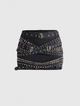 ROMWE Avant Minifalda vaquera de mujer decorada con remaches y ojetes metálicos de estilo vintage punk Y2K