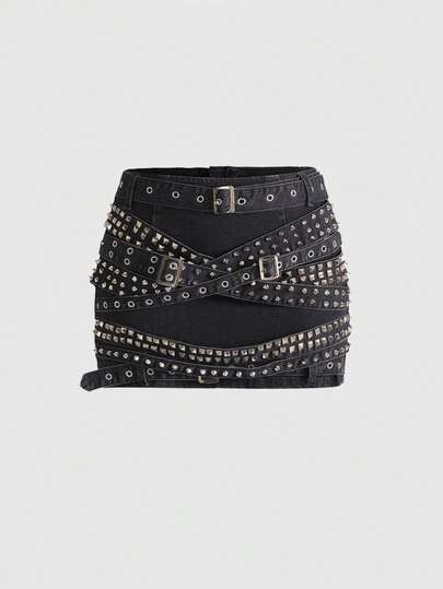 ROMWE Avant Jupe mini en jean pour femmes décorée de rivets et œillets vintage punk Y2K