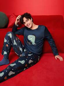 SHEIN Dinosaur Men's Loungewear Set,Long Sleeve Top And Long Pants,Printed Round Neck Knit Winter Christmas Clothes,Navy Blue,Autumn,Casual,Home - Navy Blue - View 6