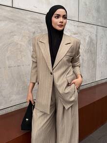 DAZY Women's Casual Striped Suit & Wide Leg Pants Set, Autumn Business Attire Modest Fashion - Khaki - View 1