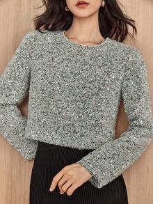 Dazy-Less 优雅亮片点缀商务休闲百搭圆领针织毛衣，适合女士穿着，秋季、冬季、新年、圣诞节嘉年华等场合。 - 灰色 - 查看 5