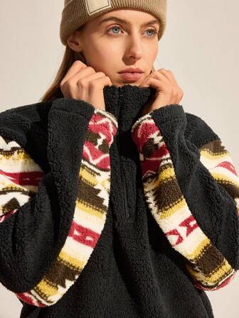 Exploreva Women's Geometric Pattern Long Sleeve Zip-Up Half Placket Loose Outdoor Fleece Jacket Casual Geometric Pattern Fleece Jacket Zippered Plush Jacket, Autumn & Winter Oversized Hoodie Sweatshirts For Women Outdoor Outfits Women Oversized Sweatshirt Woman Hoodie For Women