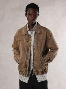 DAZY Veste en jean vintage lavée marron unicolore pour homme, vacances d'automne - Tabac - Voir 5