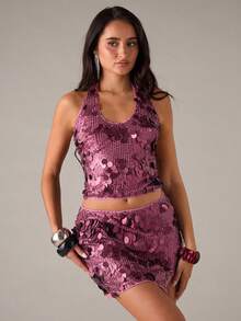 SHEIN BAE Women's Y2K Solid Color Cropped Halter Sequin Tank Top - Burgundy - View 3