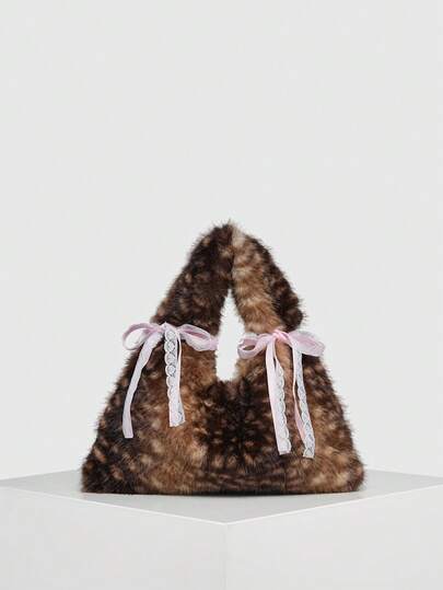 Kawaii Women's Leopard And Deer Print Y2K Retro Fashion Artificial Fur Long Hair Open Top Large Capacity Thickened Autumn/Winter Shoulder Crossbody Crescent Bag