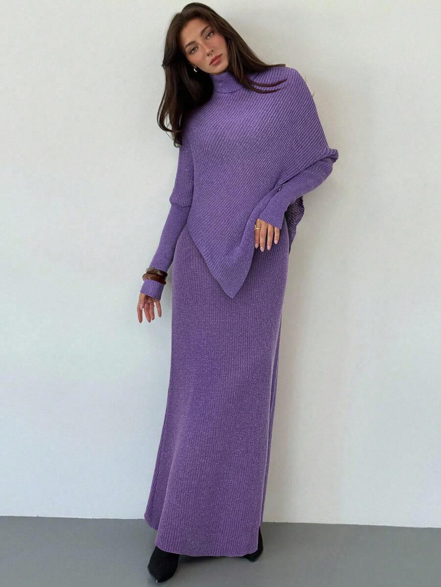 Aloruh Purple Knitted 2pcs Set New Winter Thick Women Sweater Skirt Loose Two Pieces Set - Purple - View 1