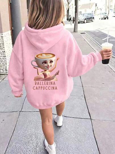 SHEIN Playful Pals Unga flickor Casual Fashionabla Söt & Rolig Cappuccino Ballerina Dancer Tryck Vändbar Sweatshirt, Rosa, Lämplig För Vardagskläder Och Skola, Höst/Vinter Höst
