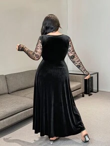 Vibekara 大码女式 V 领系带蕾丝拼接长袖优雅复古性感 A 字天鹅绒长裙，秋冬 - 黑色 - 查看 2