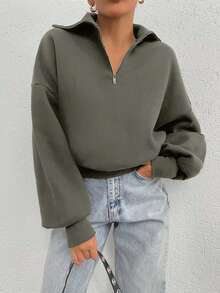 EURMUSE 100% Cotton Collar With Zipper Pattern Oversize Sweatshirt - Army Green - View 4
