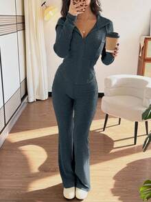 Rafferiza 2 件套女式休闲连帽运动衫，带口袋和罗纹喇叭裤，百搭秋冬装 - 霧霾藍 - 查看 6