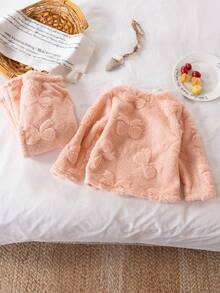 Genkimix Kids 2pcs/Set Young Girl' Cute & Simple Comfortable Knit Round Neck Fluffy Pink Long Sleeve Top And Pants Pajama Set With Bow Pattern - Coral Orange - View 2