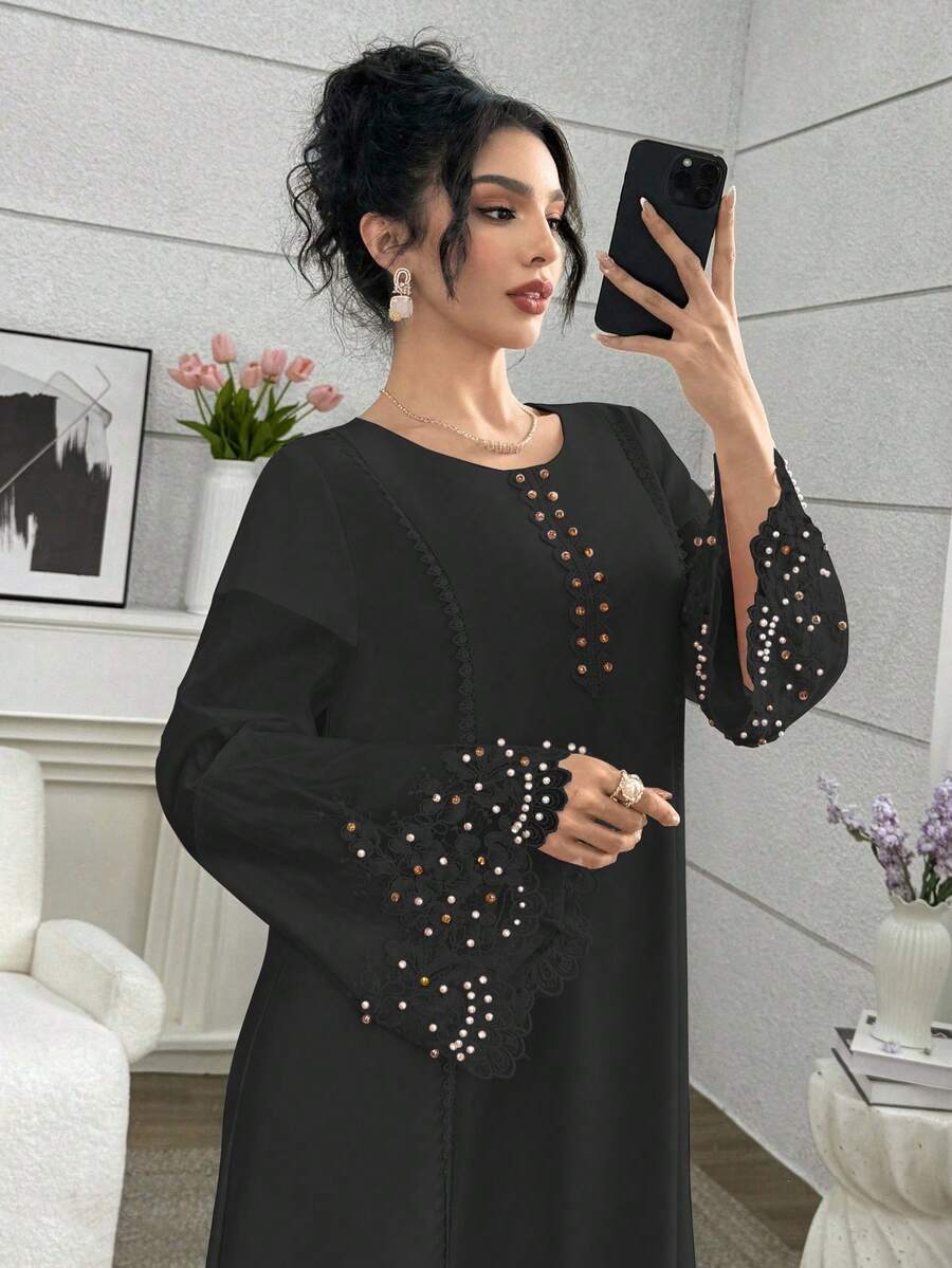 Yasmyna Elegant & Luxurious Patchwork Design Loose Fit Fashionable Young Women's Dress - Black - View 1