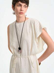 Aalyst Đầm dài vừa phải, cổ tròn, eo thẳng, kẻ sọc tối giản thanh lịch cho nữ, một bên vai, thắt lưng bèo nhún, đi làm, đi nghỉ, vải lanh, xuân/hè - Đen và trắng - Xem 5