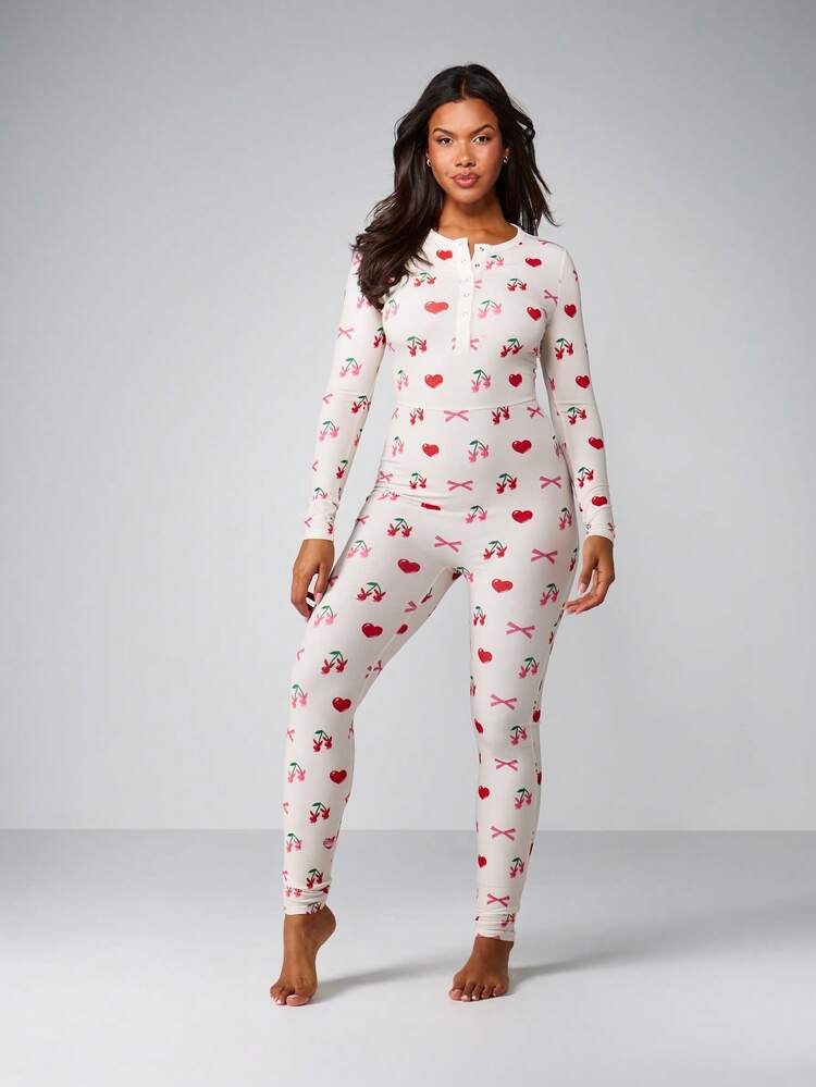 Missguided x Playboy Christmas Cherry Print Button Front Long Sleeve Jumpsuit