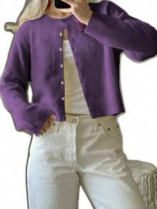INAWLY Women's Solid Color Drop Shoulder Long Sleeve Single-Breasted Casual Knit Cardigan, Autumn/Winter - Purple - View 3