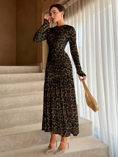 Aloruh 女士优雅性感豹纹全覆盖圆领鱼尾下摆连衣裙，豹纹连衣裙，秋冬连衣裙