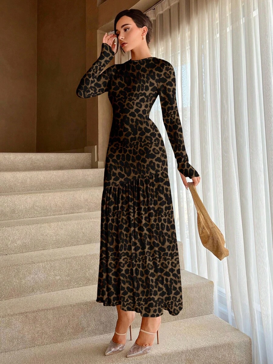 Aloruh 女士优雅性感豹纹全覆盖圆领鱼尾下摆连衣裙，豹纹连衣裙，秋冬连衣裙 - 彩色 - 查看 1